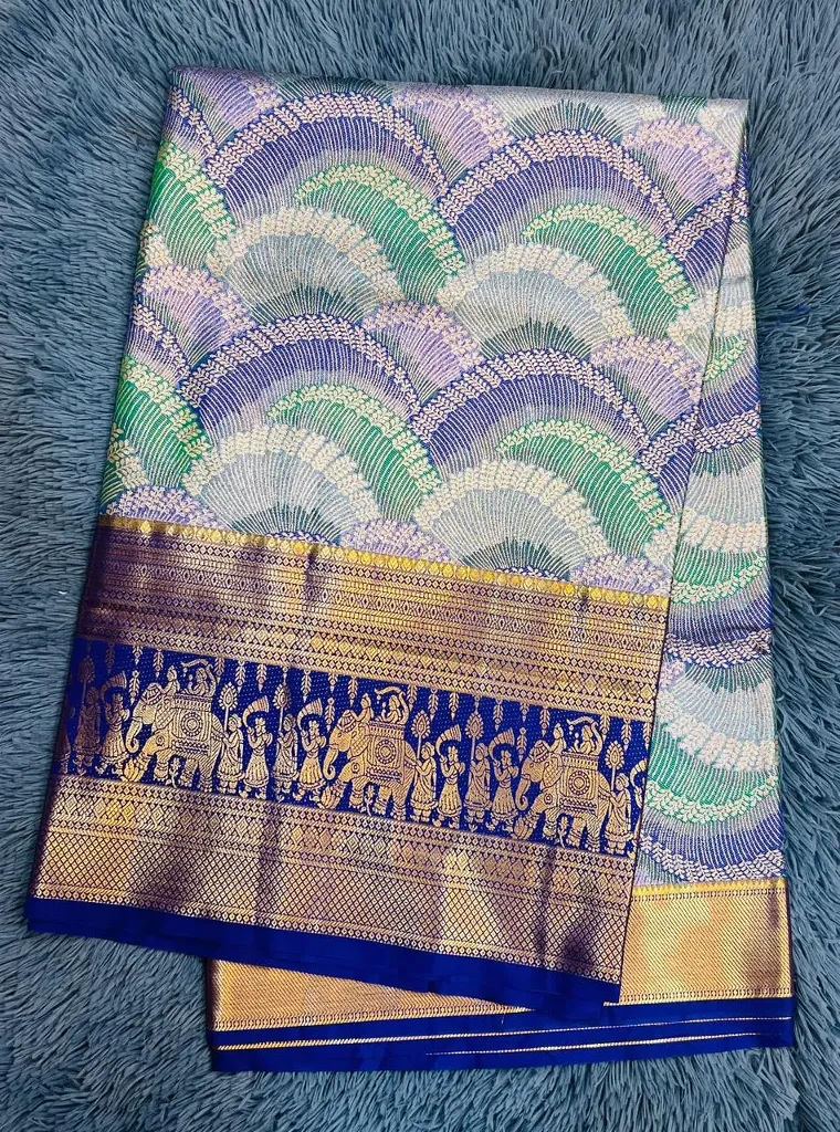 ornate purple and gold border Semi Kanchi Pattu Saree