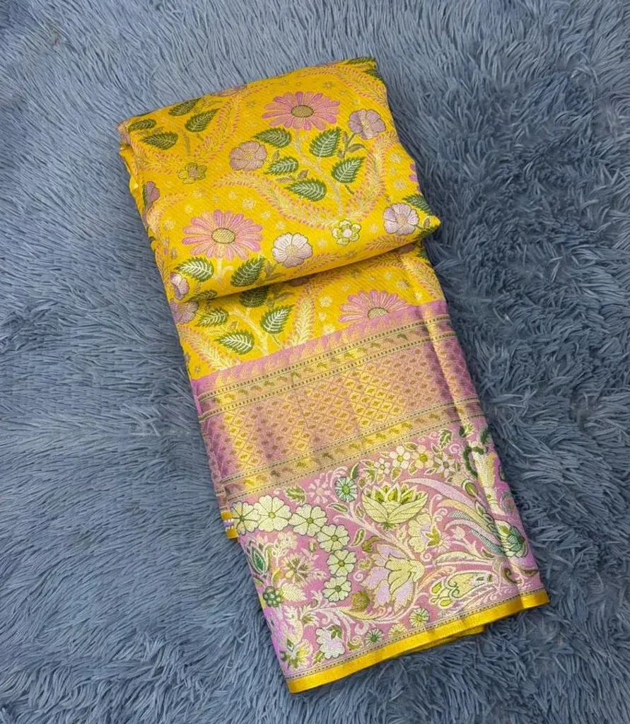 VV3999 Vibrant Yellow With Striking Pink Border Kanchipattu Saree