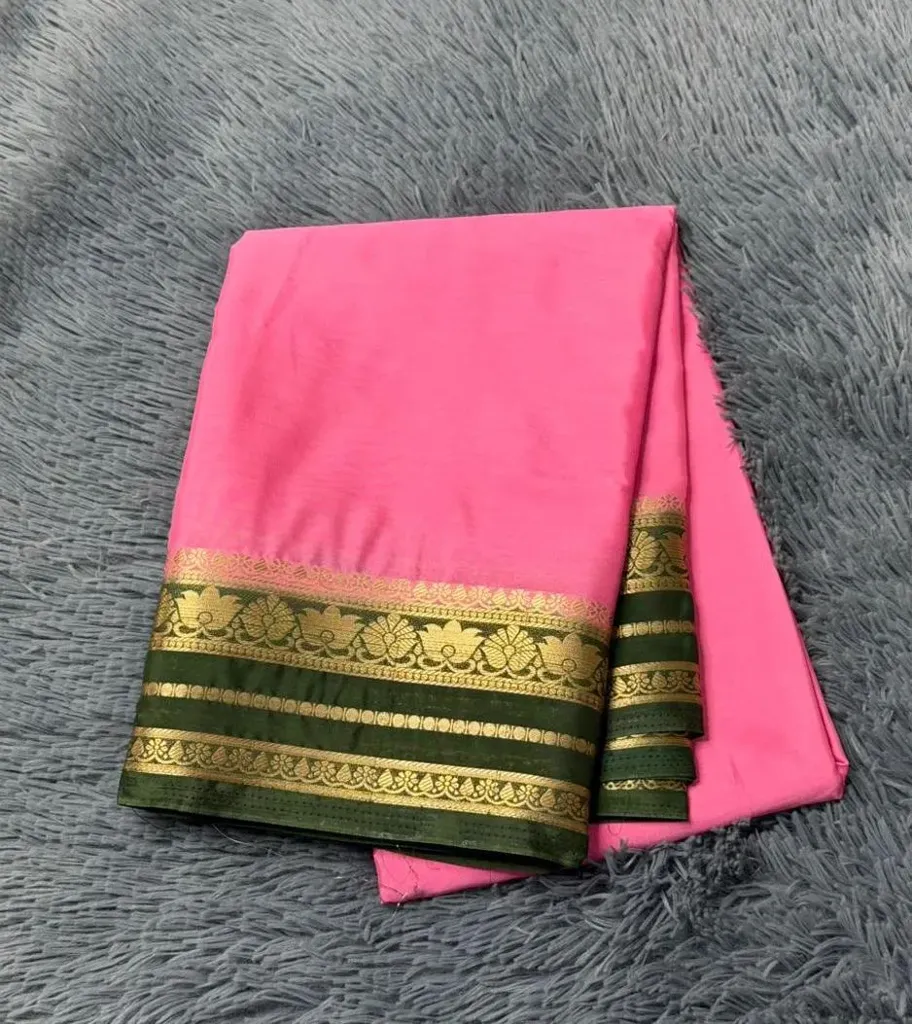 VV1199 Pink Shade With Deep Green Border Mysore Crepe Saree