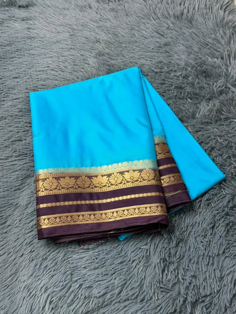 VV1199 Sky Blue With Dark Purple Border Mysore Crepe Saree