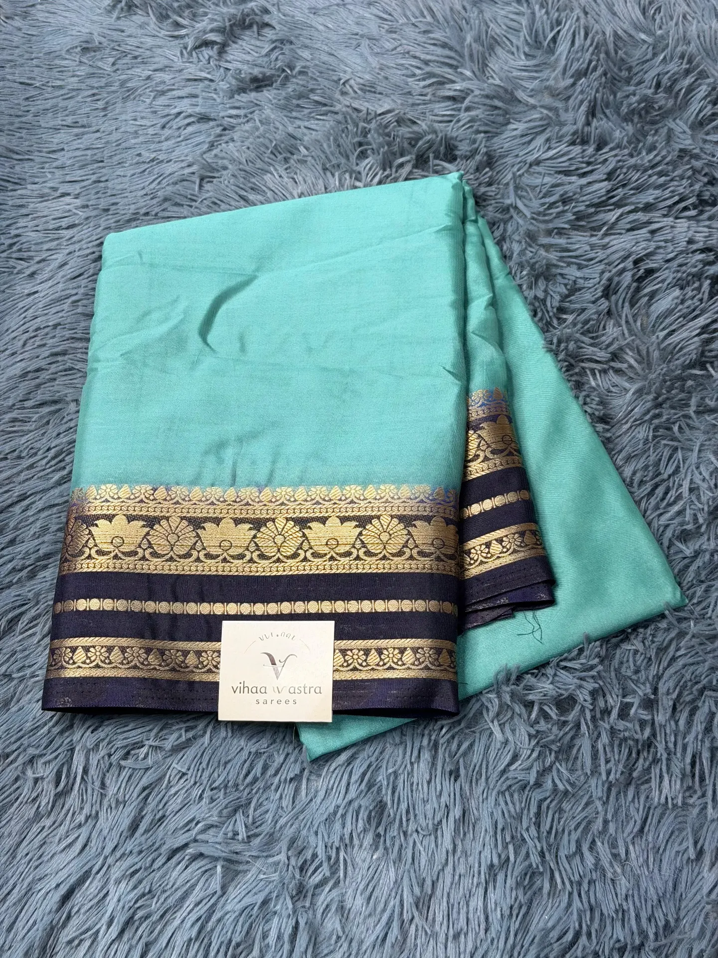VV1199 Turquoise Body With Black Border Mysore Crepe Saree