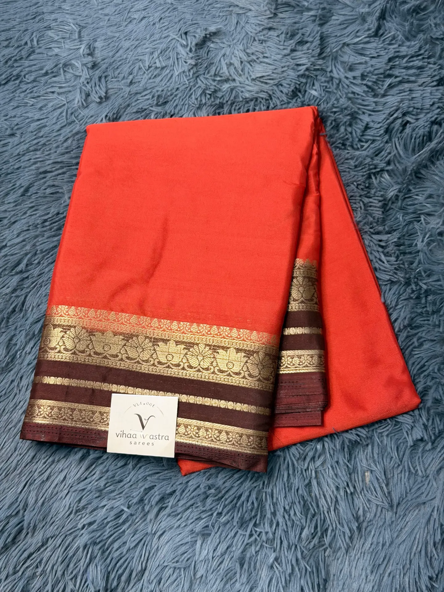 VV1199 Orange Body With Brown Border Mysore Crepe Saree