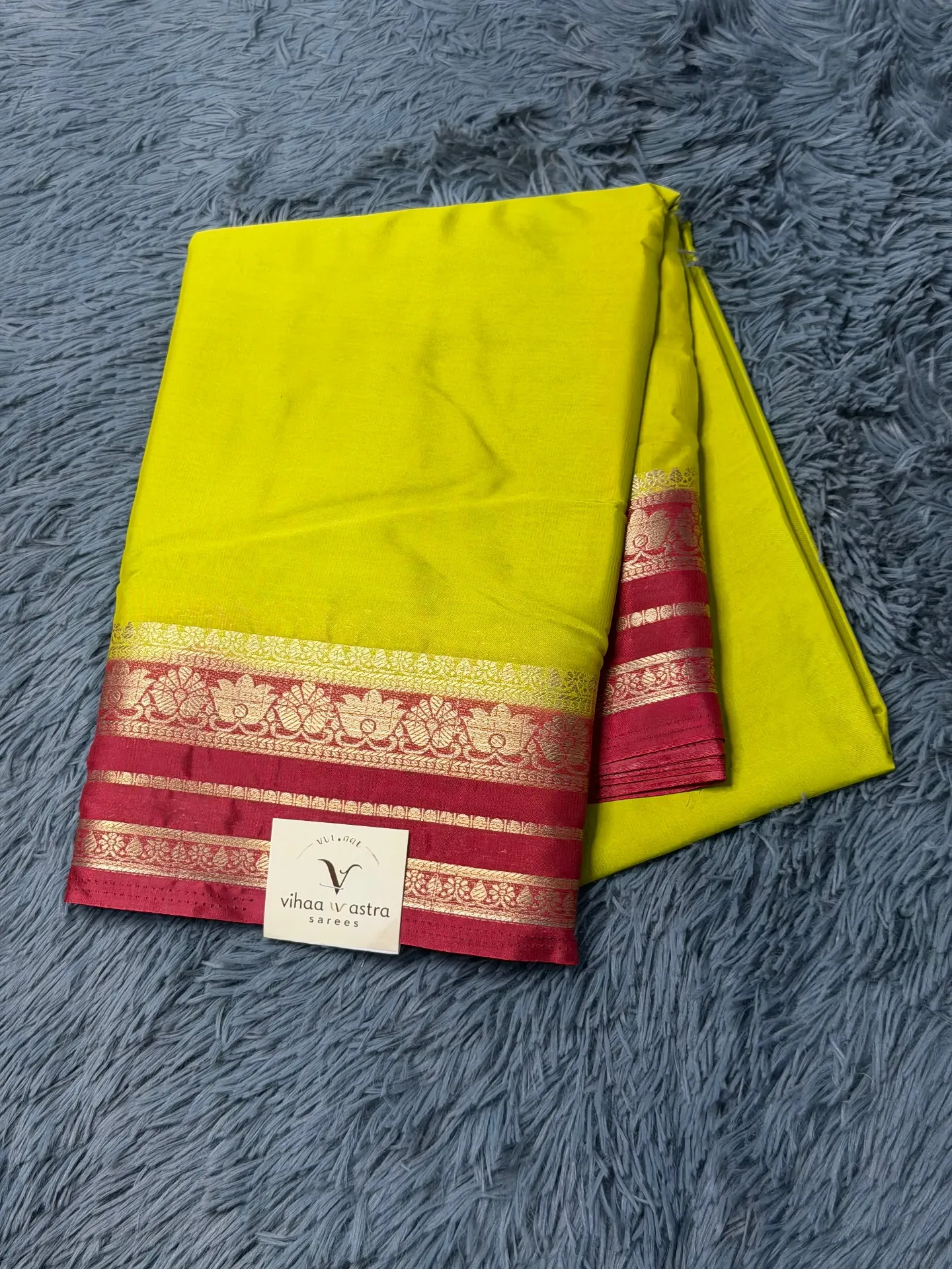 VV1199 Lime Green With Maroon Border Mysore Crepe Saree