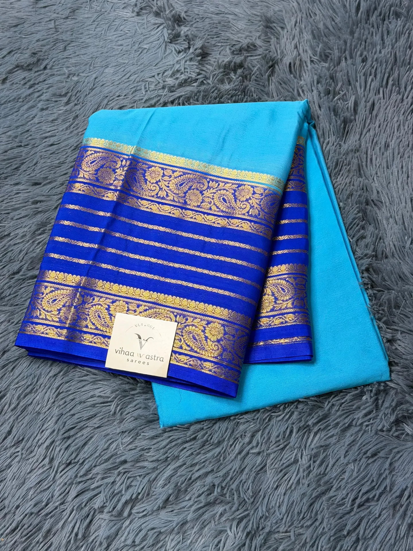 VV1199 Sky Blue Body With Dark Blue Border Mysore Crepe Saree