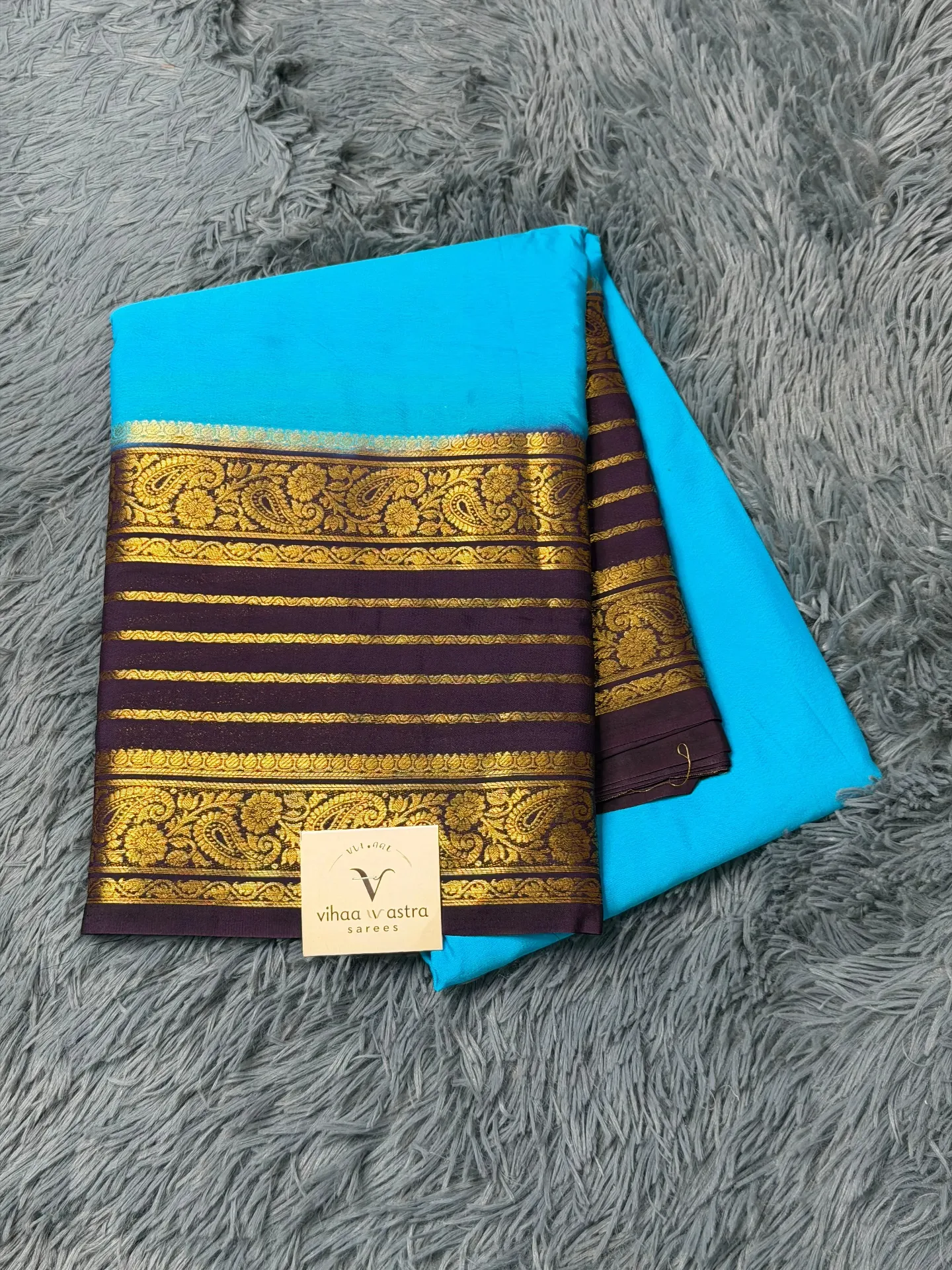 VV1199 Sky Blue With Brown Border Mysore Crepe Saree