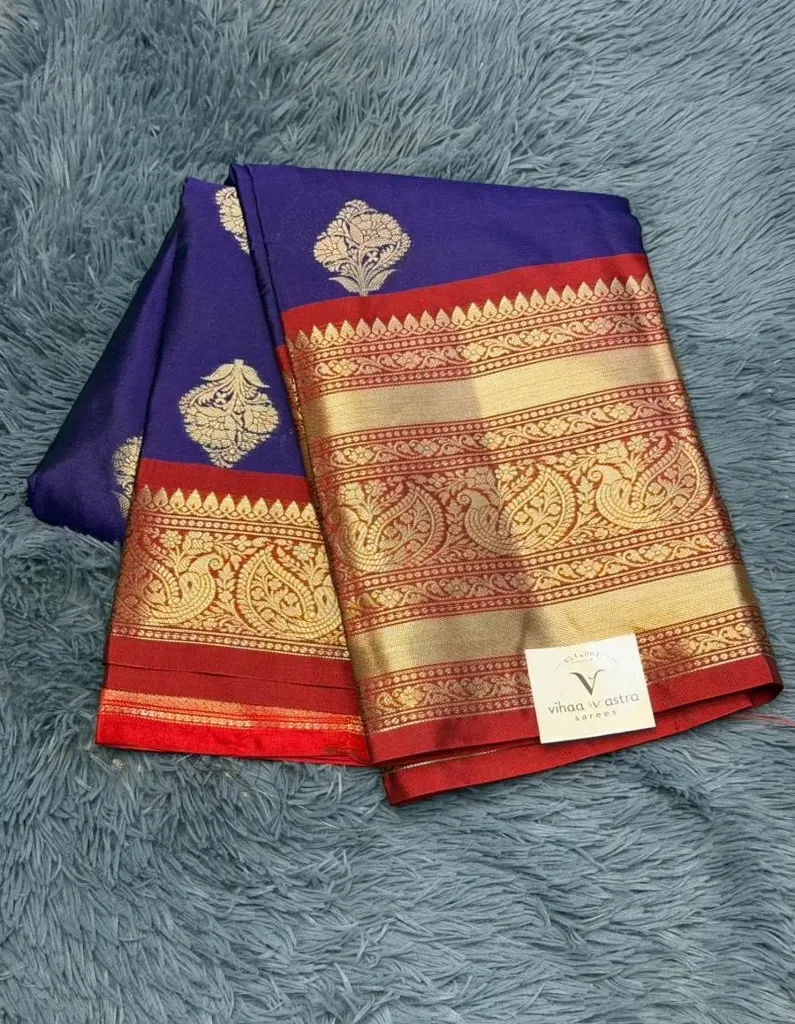 VV1499 Royal Blue With Red/Gold Toned Zari Border Banarasi Soft Silk Saree