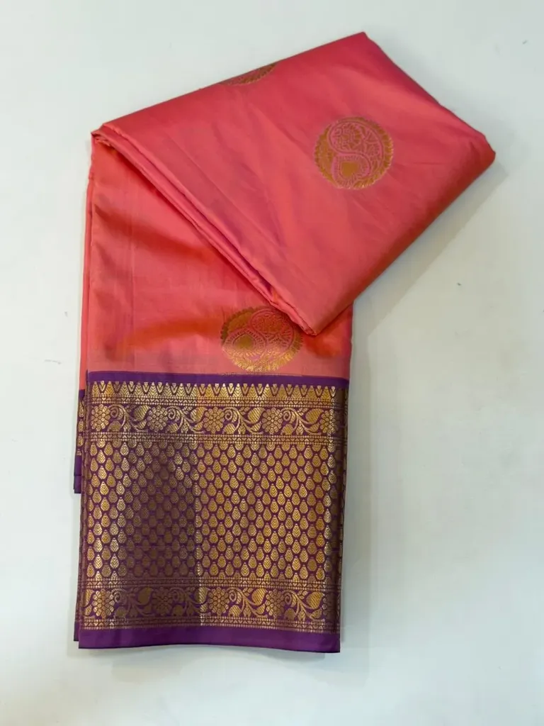 VV1250 Sea Pink Body With Voilet/Gold Border Kanchi Soft Silk Saree