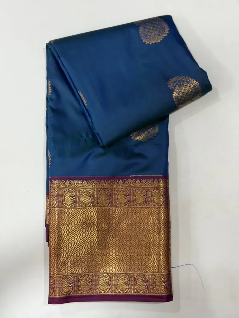 VV1250 Navy Blue With Maroon/Gold Border Kanchi Soft Silk Saree
