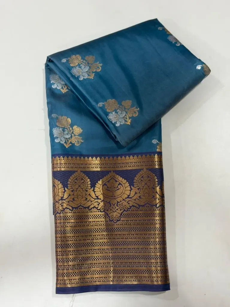 VV1250 Peacock Blue With Gold Border Kanchi Soft Silk Saree