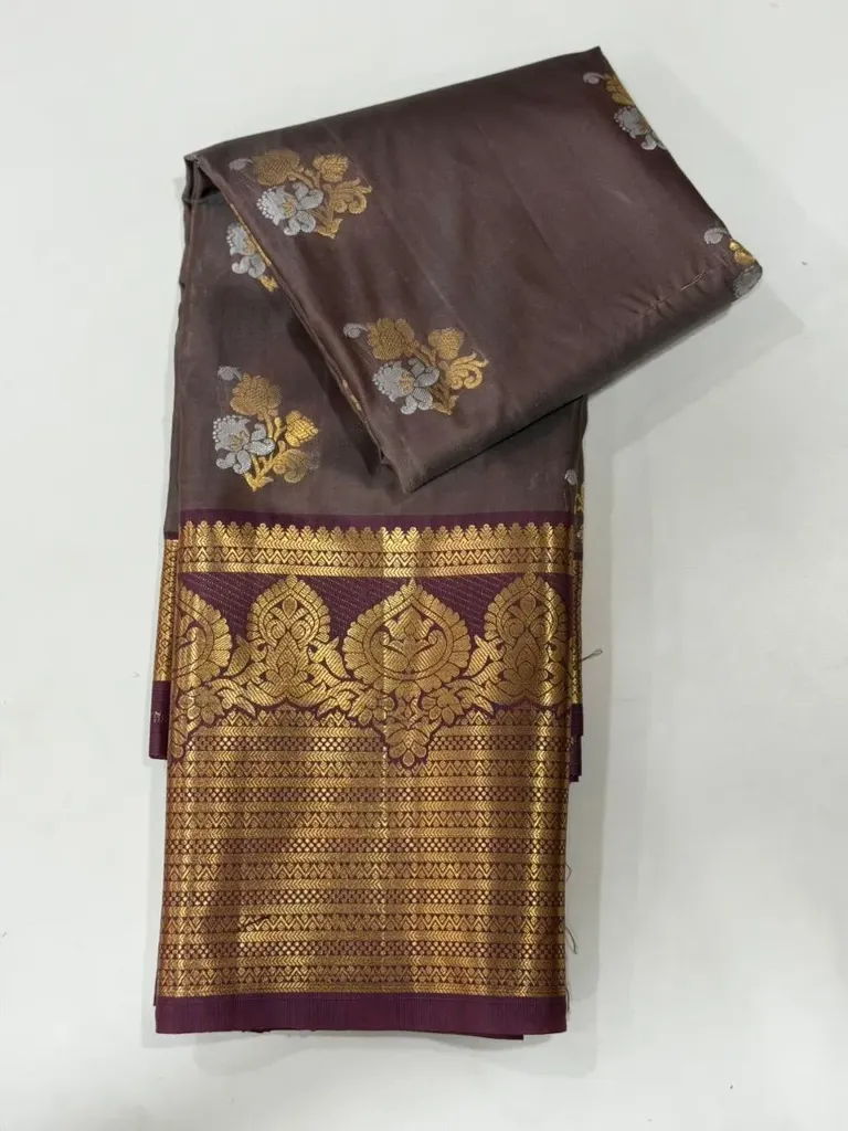 VV1250 Brown Body With Maroon/Gold Border Kanchi Soft Silk Saree