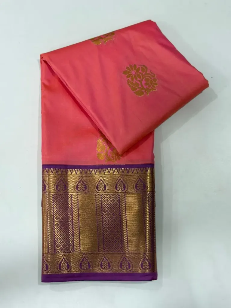 VV1250 Sea Pink With Voilet/Gold Zari Border Kanchi Soft Silk Saree