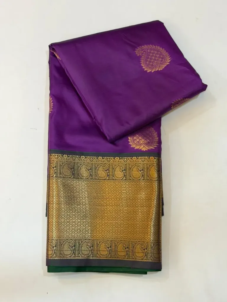 VV1250 Purple Body With Green/Gold Zari Border Kanchi Soft Silk Saree