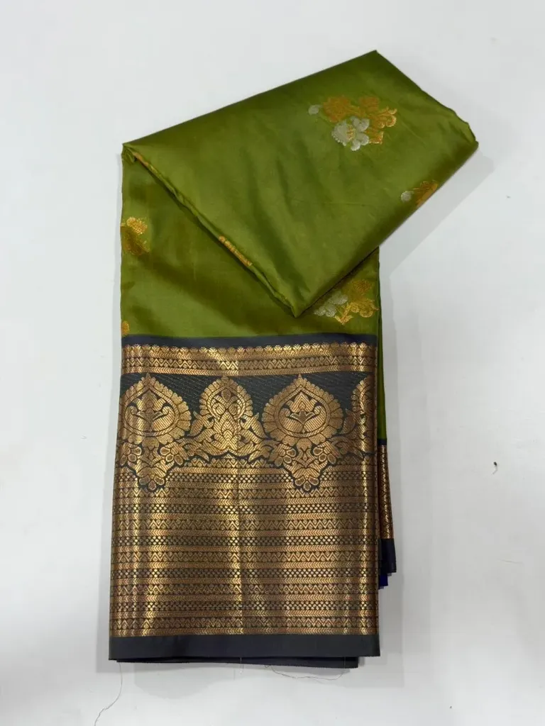 VV1250 Olive Green With Grey/Gold Zari Border Kanchi Soft Silk Saree