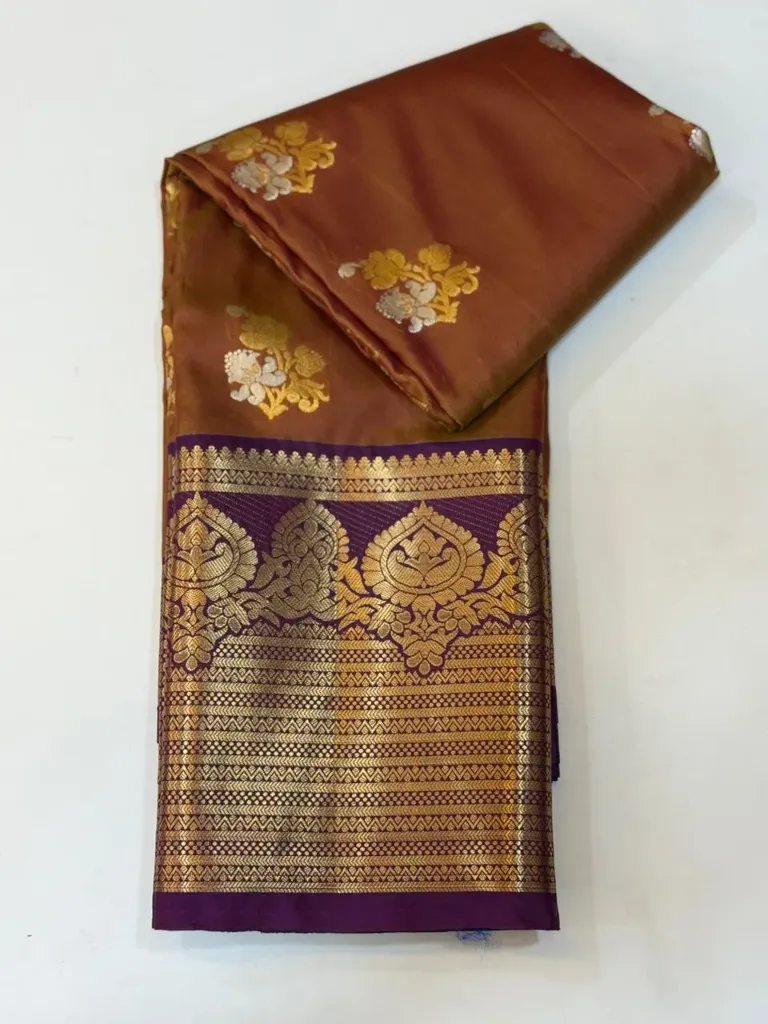 VV1250 Brown Body With Voilet/Gold Border Kanchi Soft Silk Saree