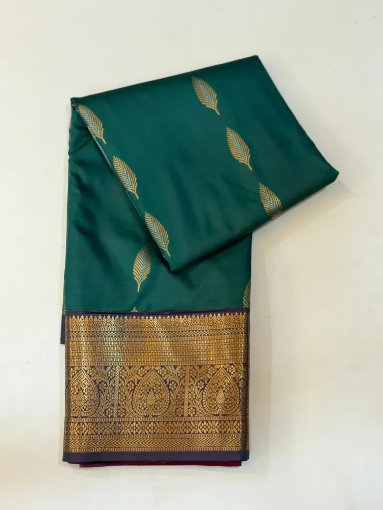 VV1250 Bottle Green With Gold Zari Border Kanchi Soft Silk Saree