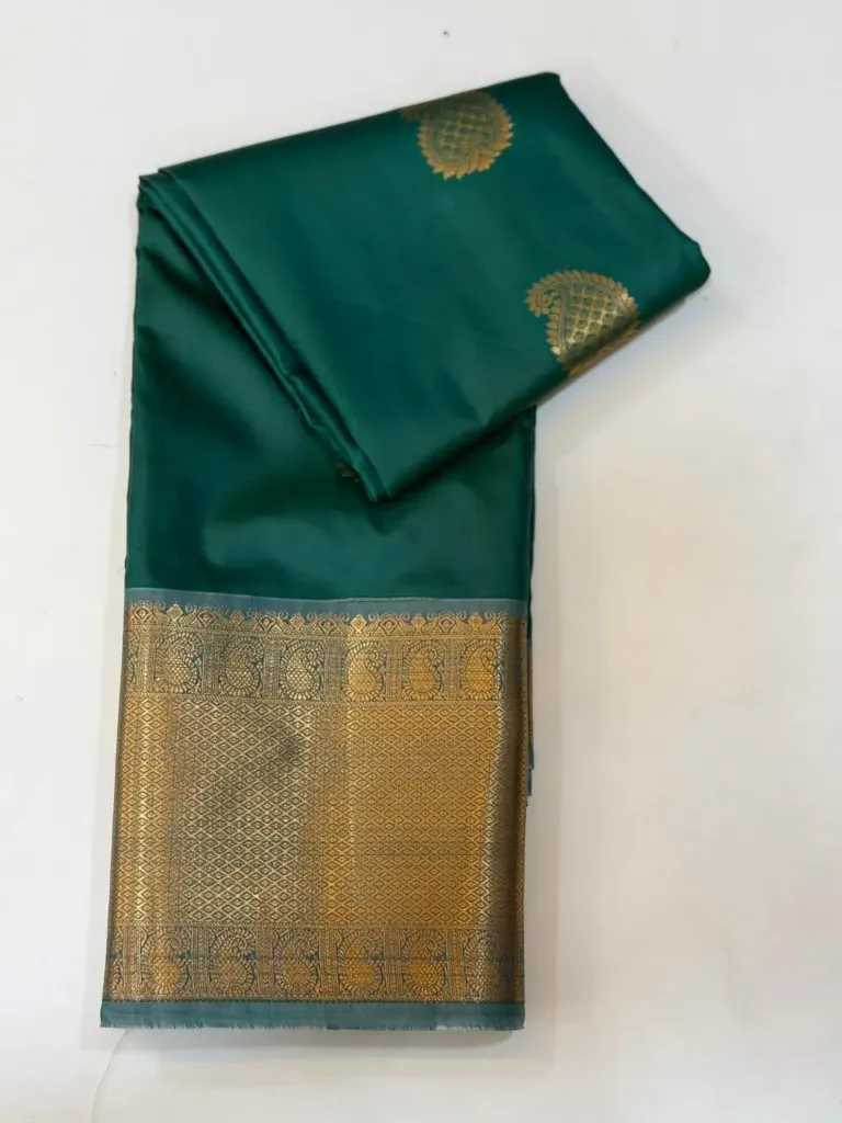 VV1250 Bottle Green With Gold Zari Border Kanchi Soft Silk Saree