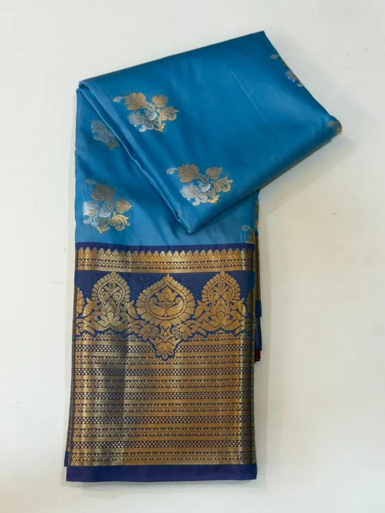 VV1250 Sky Blue With Dark Blue/Gold Zari Border Kanchi Soft Silk Saree