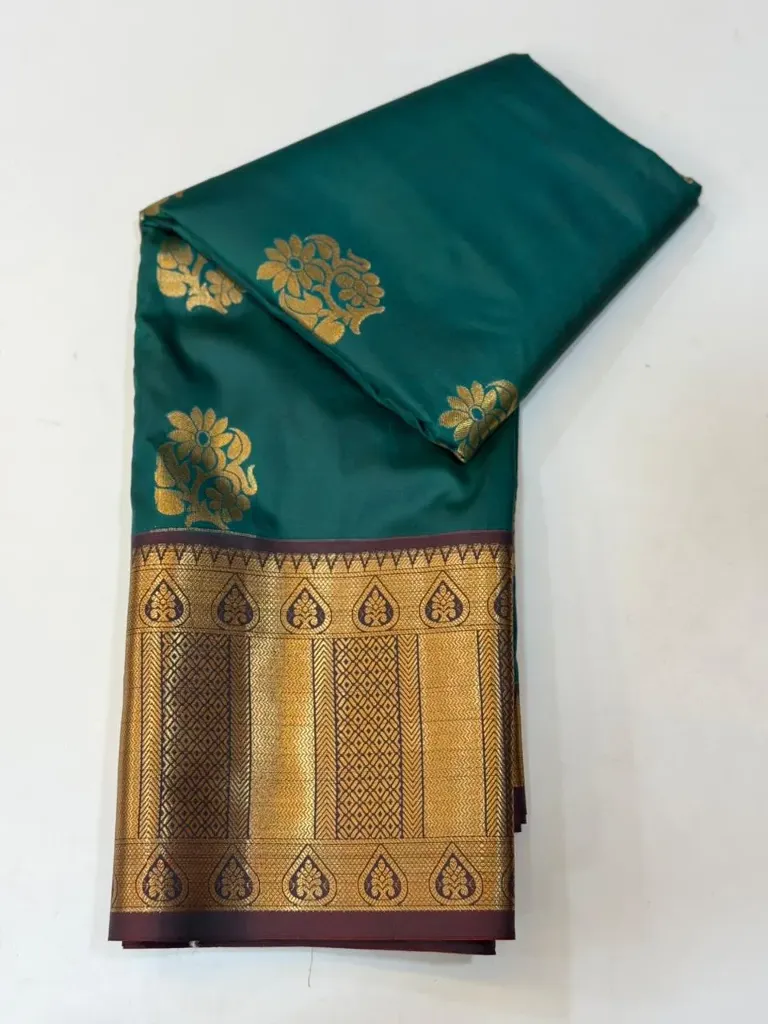 VV1250 Bottle Green With Brown/Gold Zari Border Kanchi Soft Silk Saree