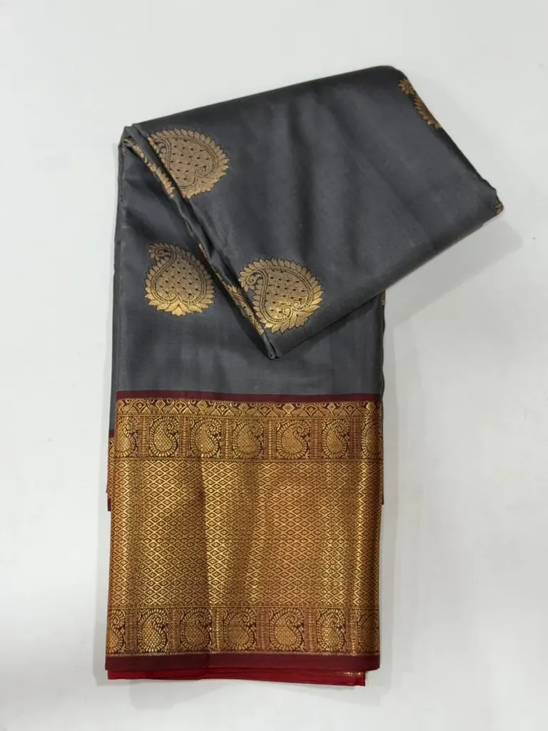 VV1250 Grey Body With Maroon/Gold Border Kanchi Soft Silk Saree