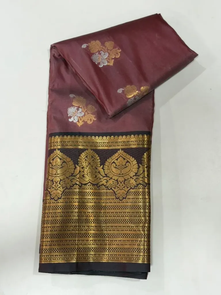 VV1250 Maroon With Black/Gold Border Kanchi Soft Silk Saree
