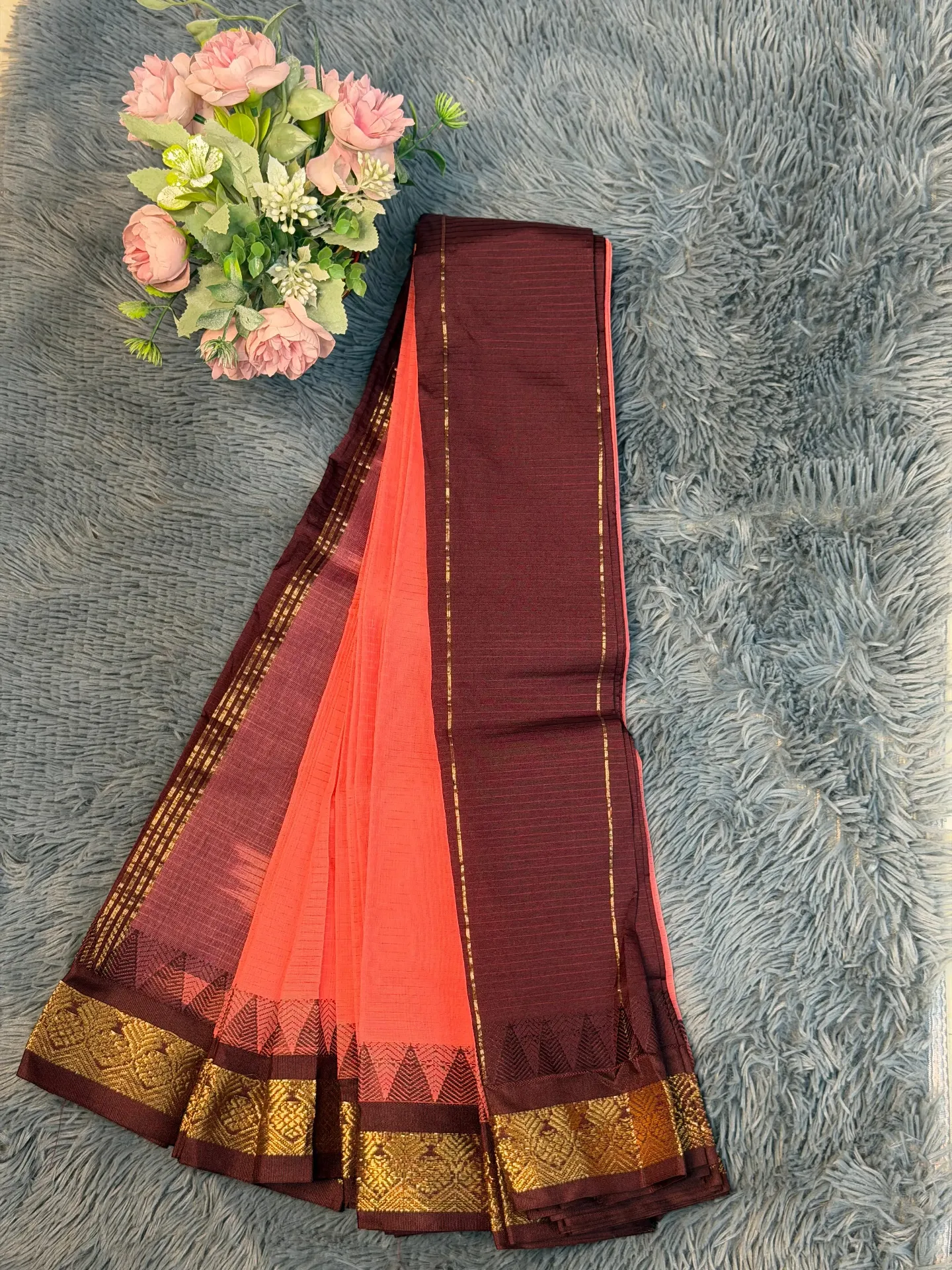 VVS090 Coral-Colored Body With Maroon Border Cotton Saree