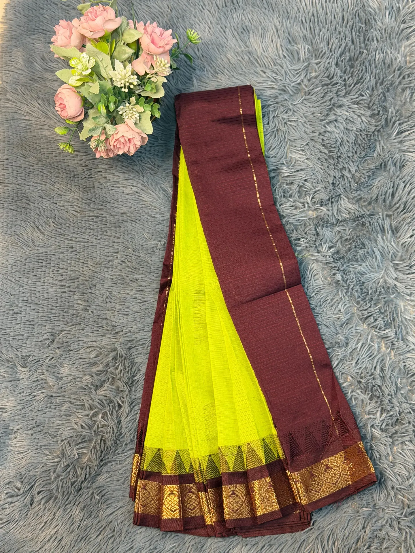 VVS090 Lime Green Body Witih Maroon Border Cotton Saree