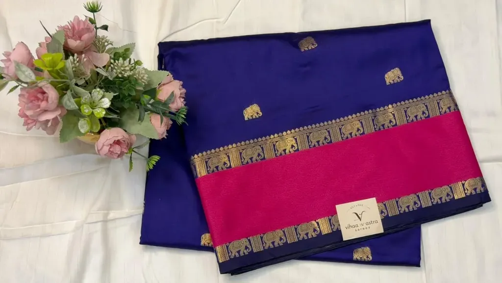 VV1570 Dark Blue And Pink Dual-Tone Gadwal Saree