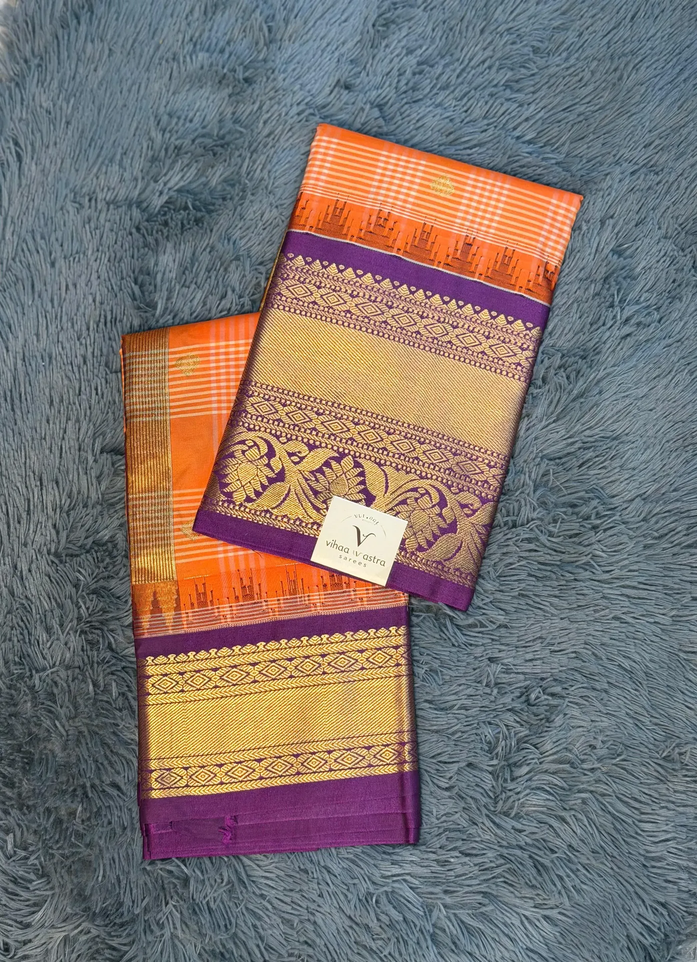 VV2599 Orange With Purple Border Semi Gadwal Saree