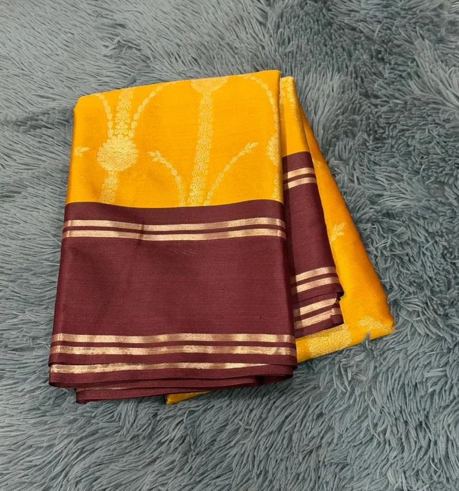 VV890 Mustard Yellow With Maroon Border Banaras Silk Saree