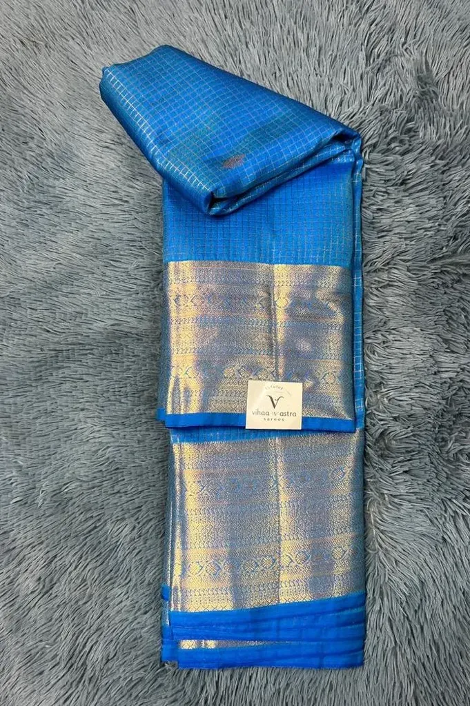 VVS090 Premium Vintage Blue Colour Semi Kanchipattu Saree