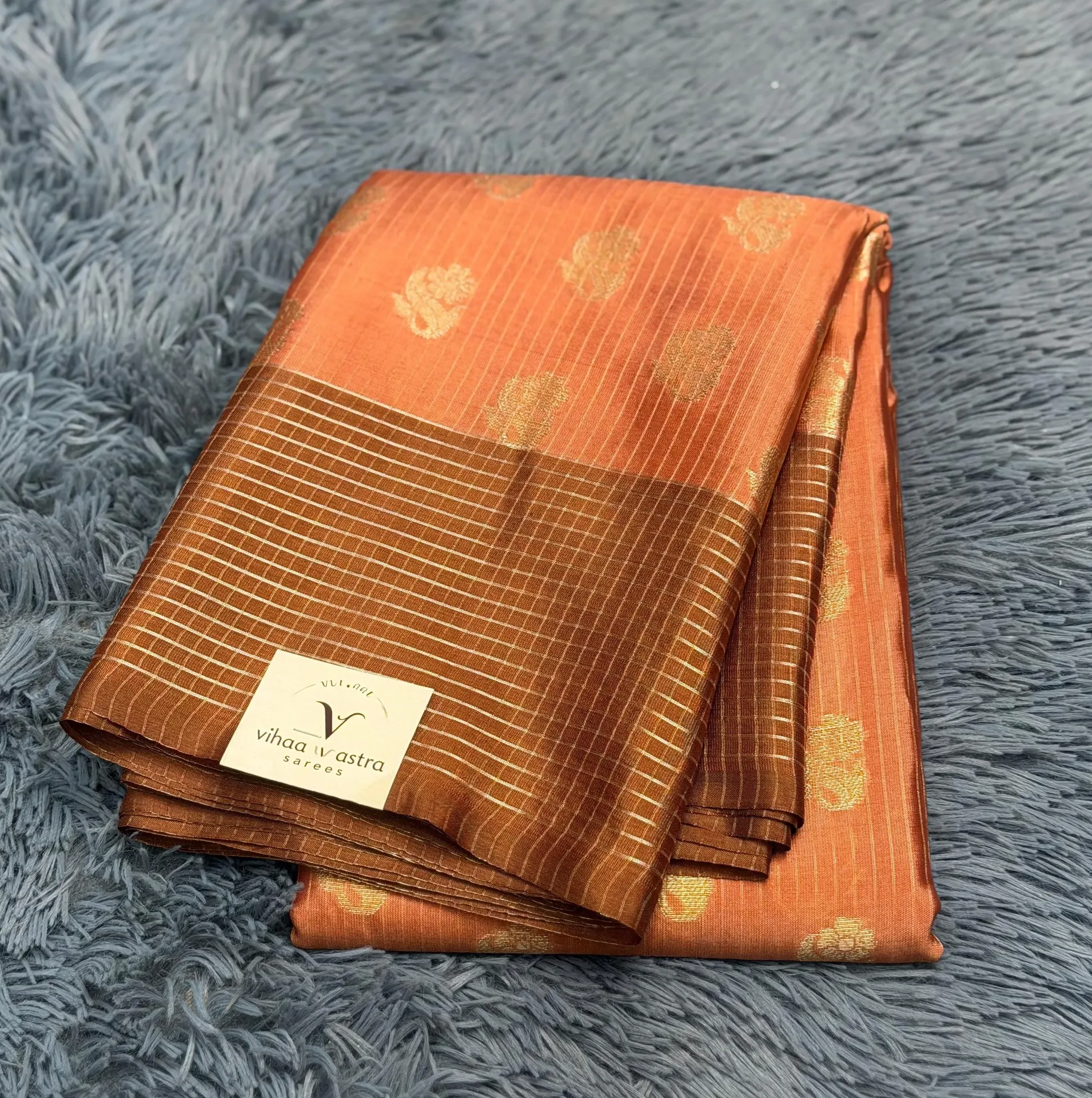 VV890 Neon Orange With Brown Border Banaras Silk Saree