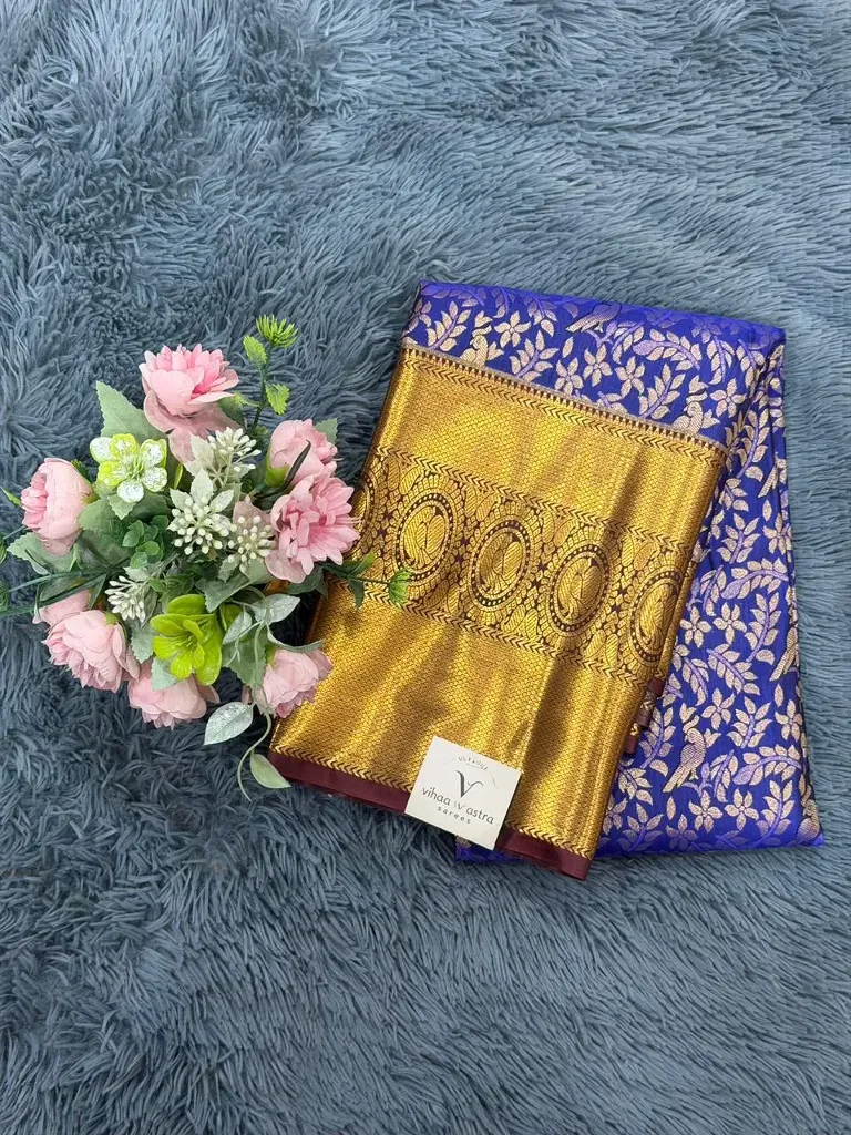 VV1500 Dark Blue With Maroon Border Semi Kanchipattu Saree