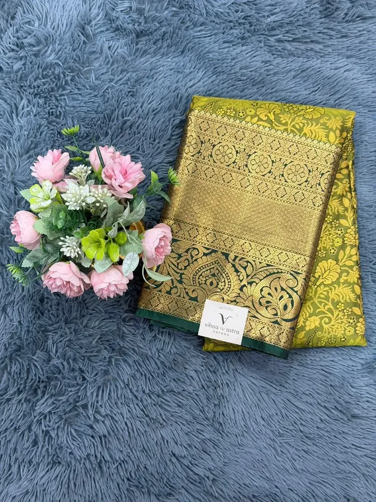 V1500 Lime Green With Green Border Semi Kanchipattu Saree