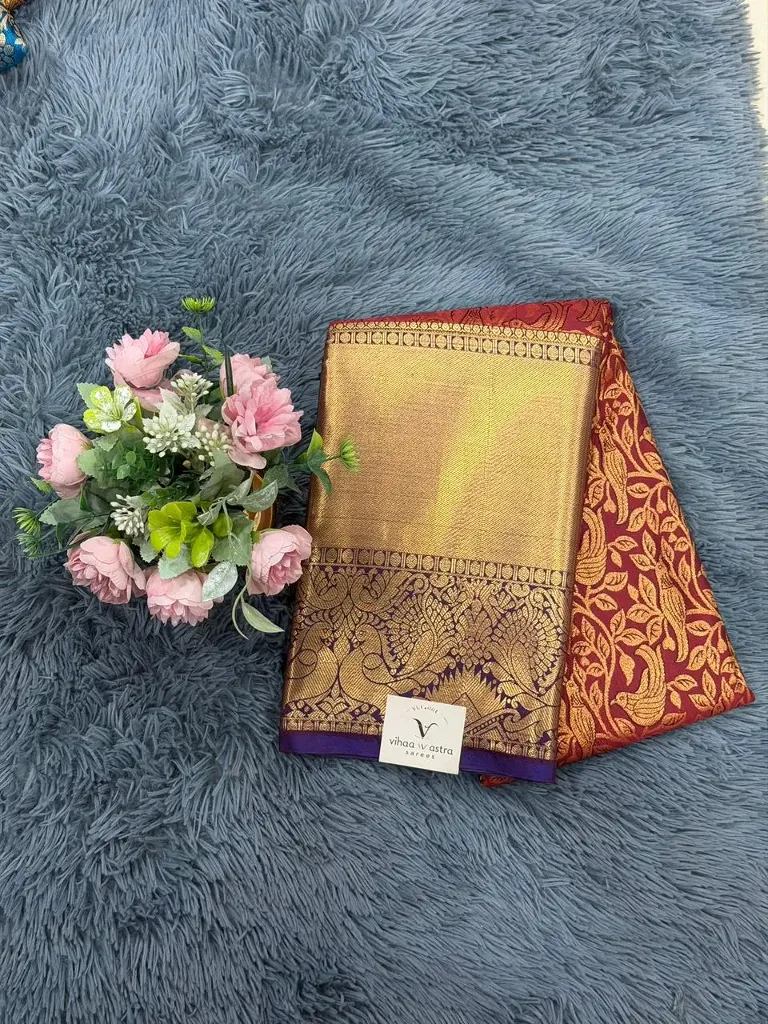 VV1500 Red With Purple Border Semi Kanchipattu Saree