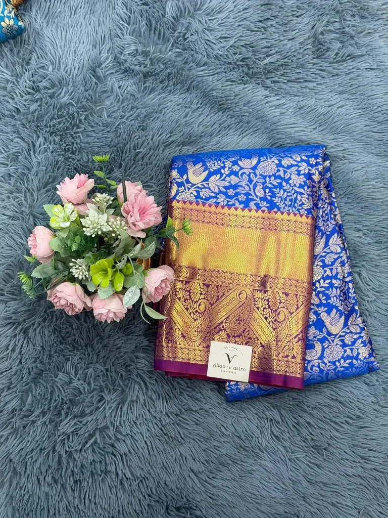 VV1500 Blue With Magenta Border Semi Kanchipattu Saree