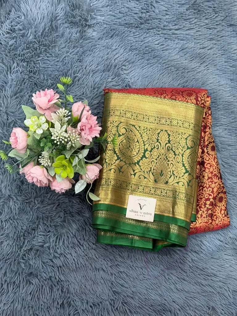 VV1500 Red WithGreen Border Semi Kanchipattu Saree