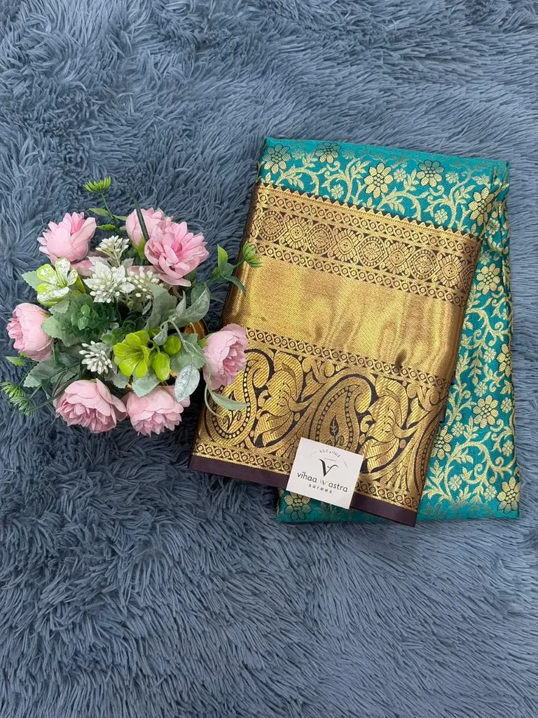VV1500 Turquoise With Brown Border Semi Kanchipattu Saree