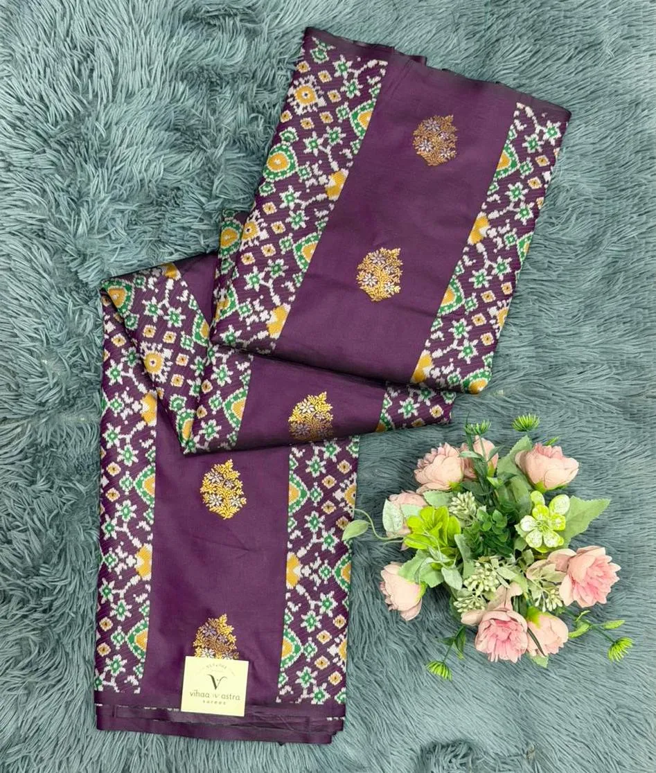 VV2499 Purple Colored With Ikat Printed Pattern Semi Kanchipattu Saree