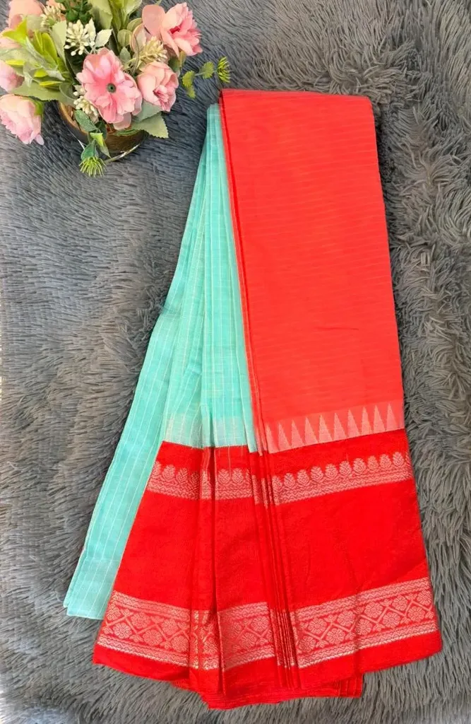 2026 Light Blue Body With Striking Red Gold Zari Border Gadwal Cotton Saree