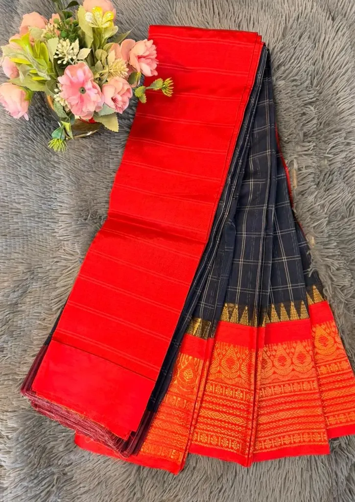 2026 Black With Striking Red Gold Zari Border Gadwal Cotton Saree
