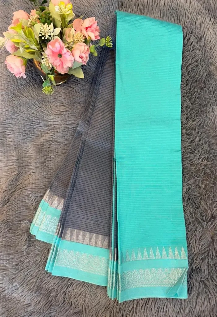 2026 Grey Body With Sky Blue Border Gadwal Cotton Saree