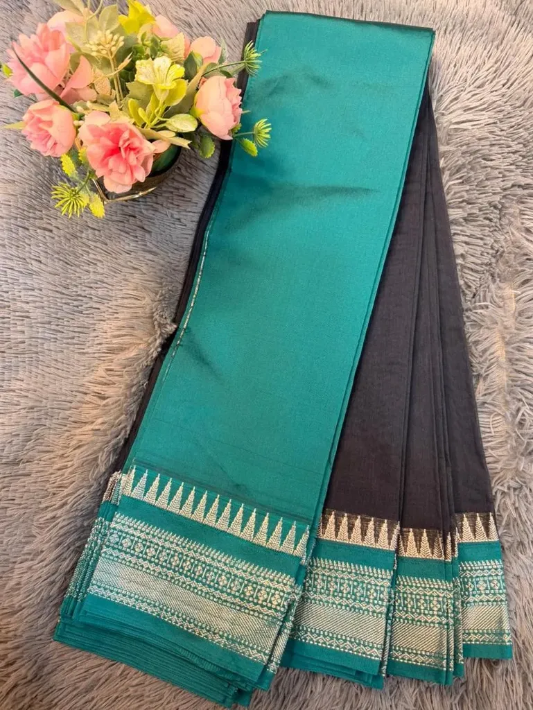 2026 Black Body With Turquoise Blue Border Gadwal Cotton Saree