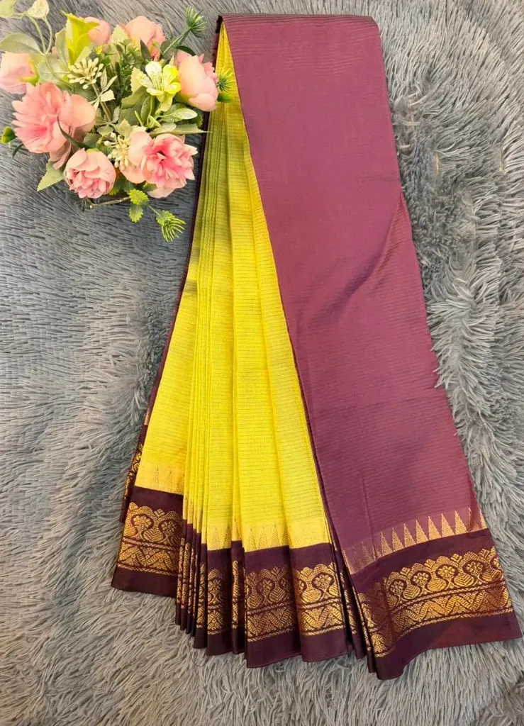 2026 Parrot Green With Deep Purple Border Gadwal Cotton Saree