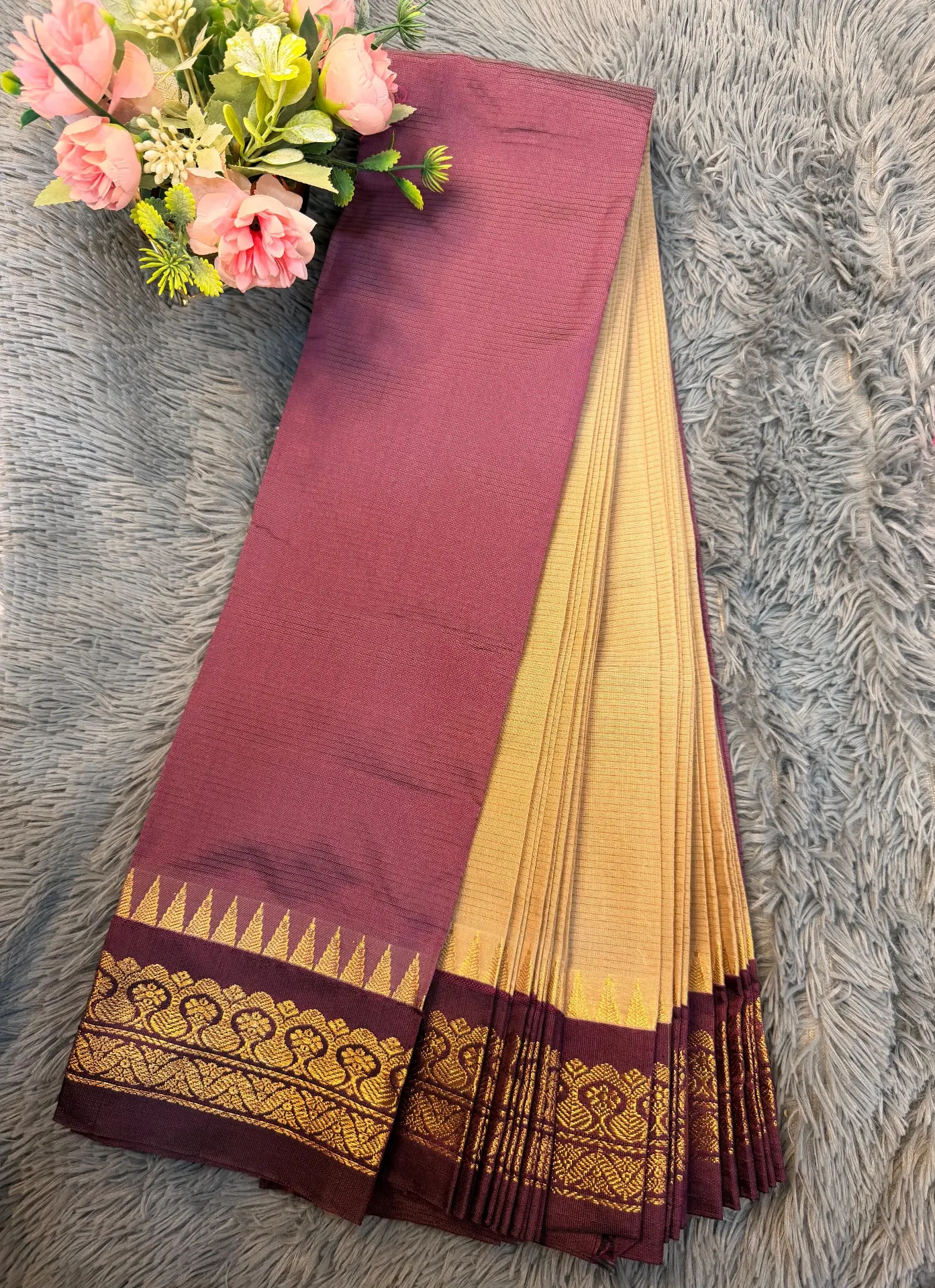 2026 Coral Orange With Deep Purple Border Gadwal Cotton Saree