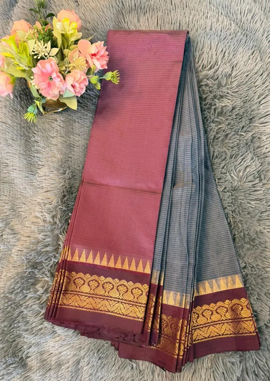 2026 Grey Body With Deep Purple Border Gadwal Cotton Saree