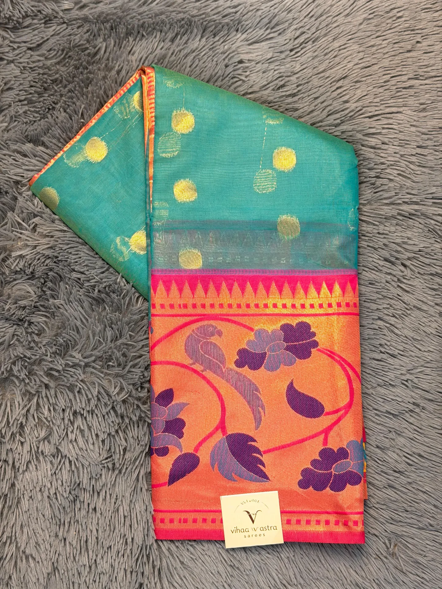 VV1999 Sea Green With Pink Border Kota Paithani Saree