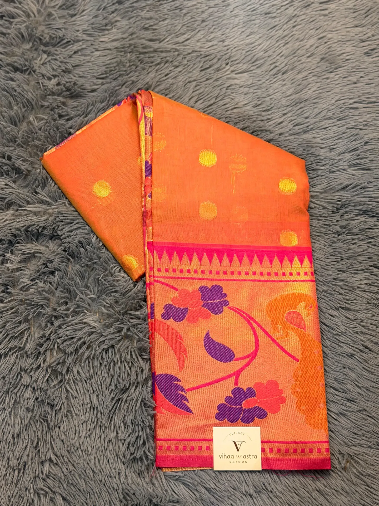 VV1999 Orange Body With Pink Border Kota Paithani Saree