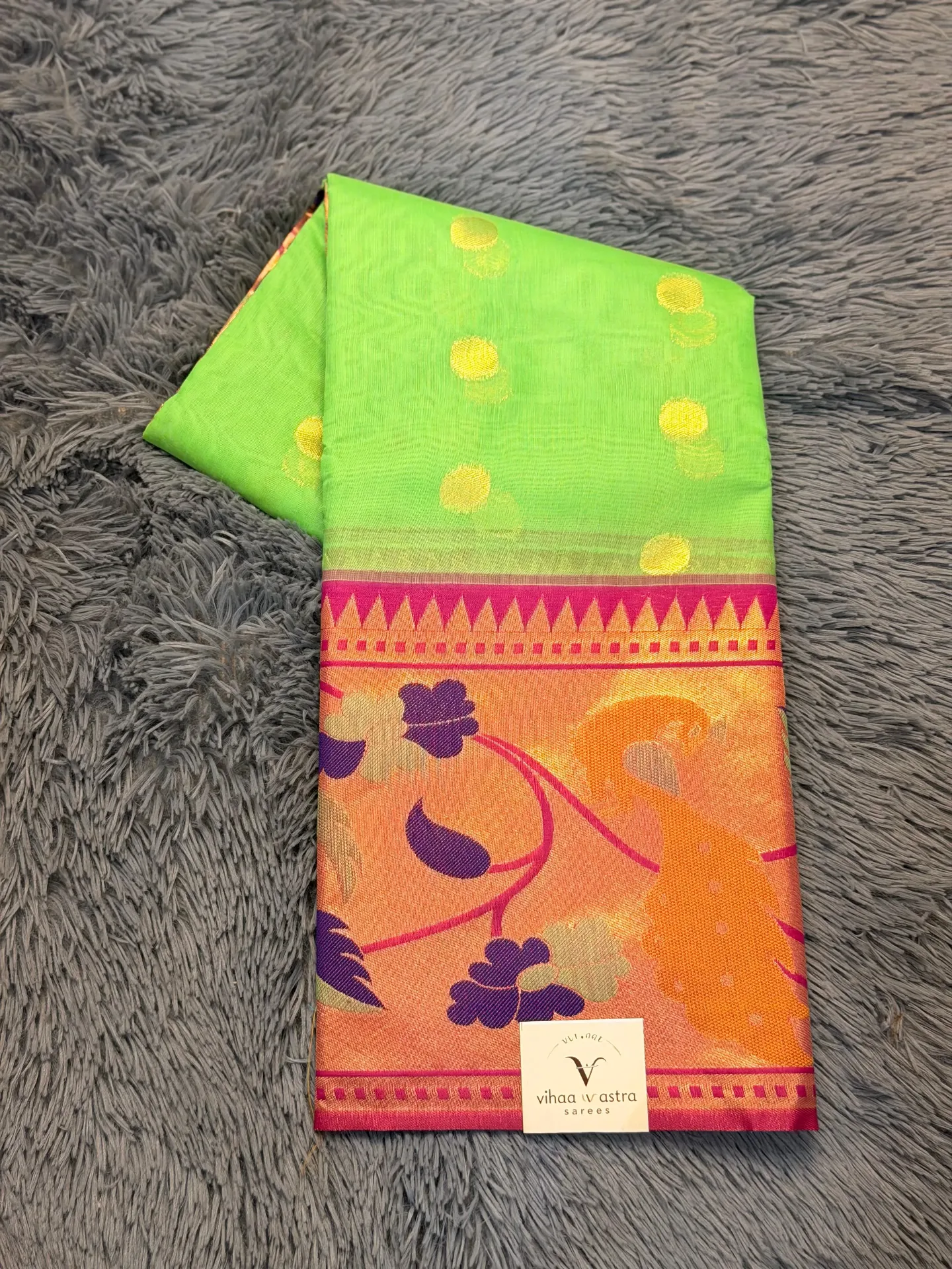 VV1999 Lime Green Body With Pink Border Kota Paithani Saree