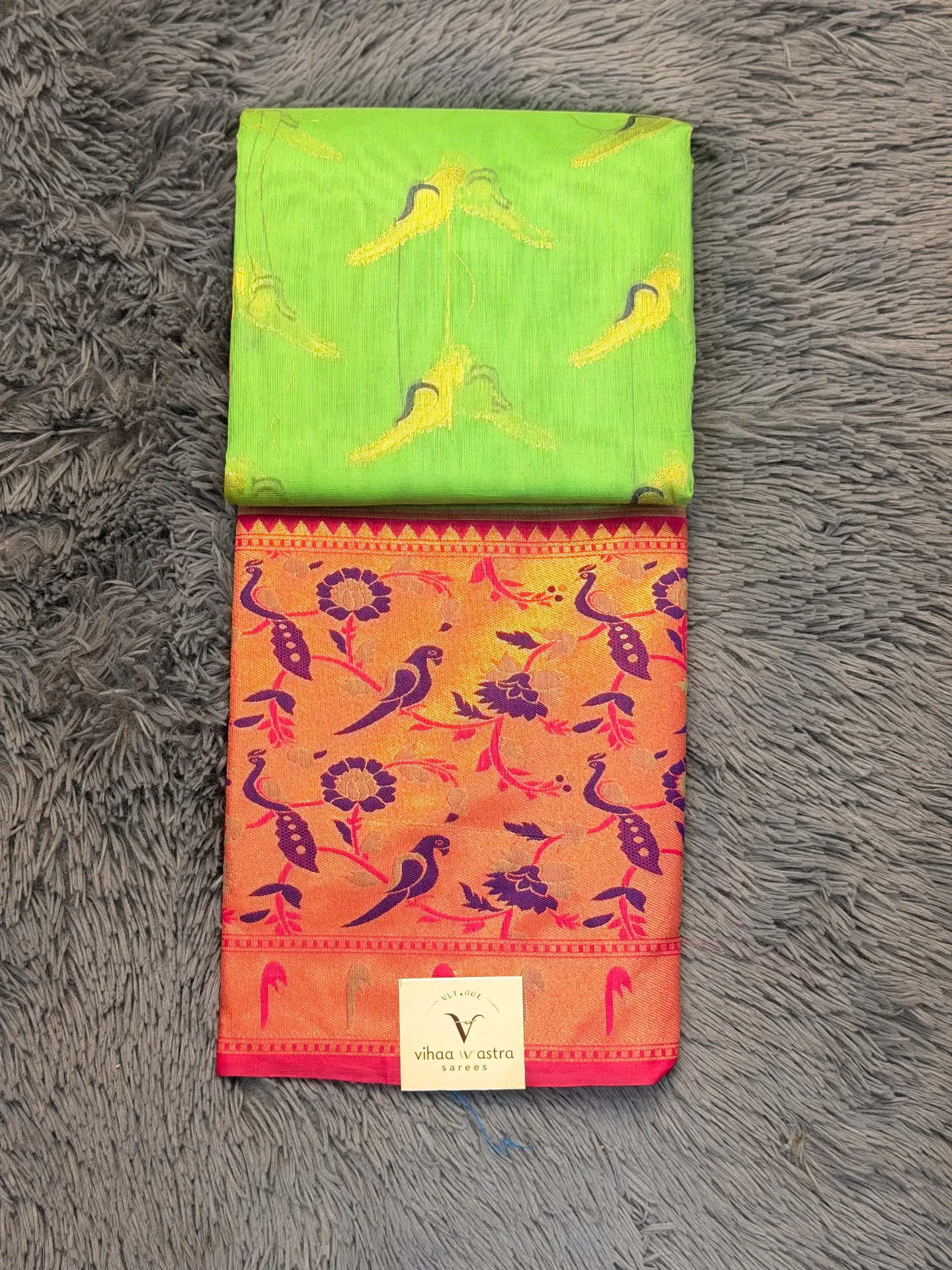 VV1999 Lime Green With Pink Border Kota Paithani Saree