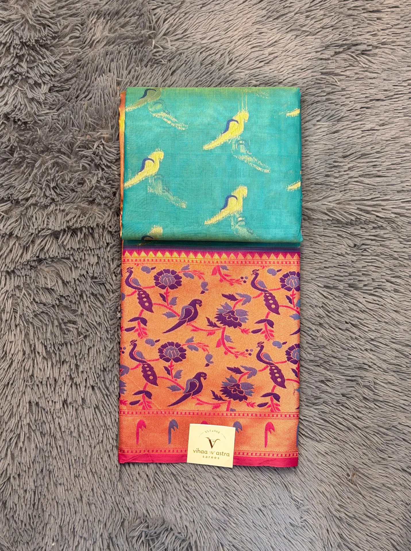 VV1999 Turquoise Blue With Pink Border Kota Paithani Saree